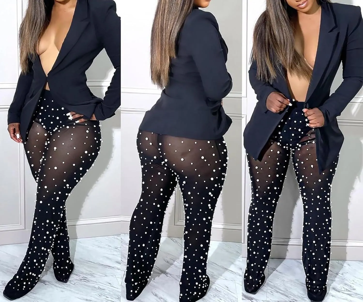 LKOUS Sexy Blazer Suits for Women,Long Sleeve Blazer and Mesh Beading Pants Clubwear Set with Underwear