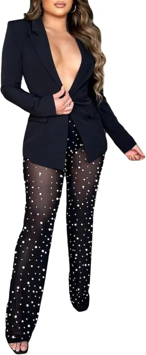 LKOUS Sexy Blazer Suits for Women,Long Sleeve Blazer and Mesh Beading Pants Clubwear Set with Underwear