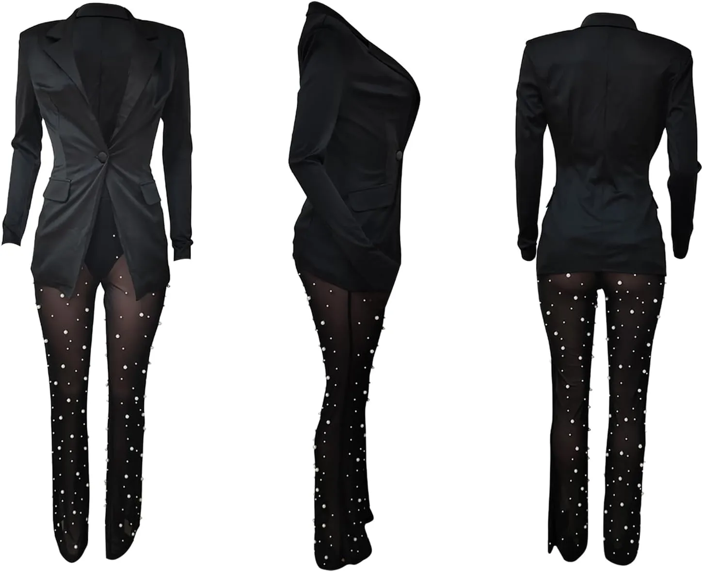 LKOUS Sexy Blazer Suits for Women,Long Sleeve Blazer and Mesh Beading Pants Clubwear Set with Underwear