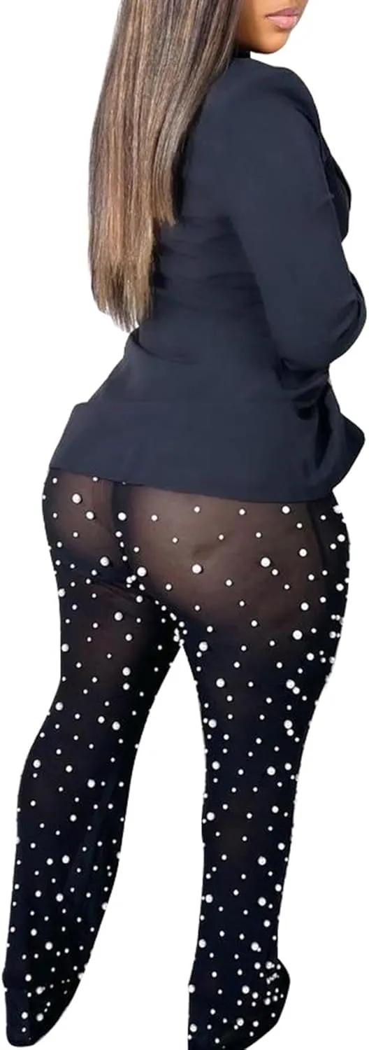 LKOUS Sexy Blazer Suits for Women,Long Sleeve Blazer and Mesh Beading Pants Clubwear Set with Underwear