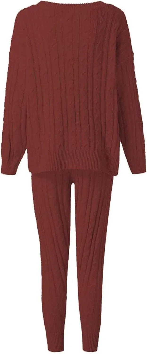 Lucuna Women's 2024 Fall Sweater Set 2 Piece Outfits Cable Knit Chunky Crew Neck Pullover Top Pants Loungewear