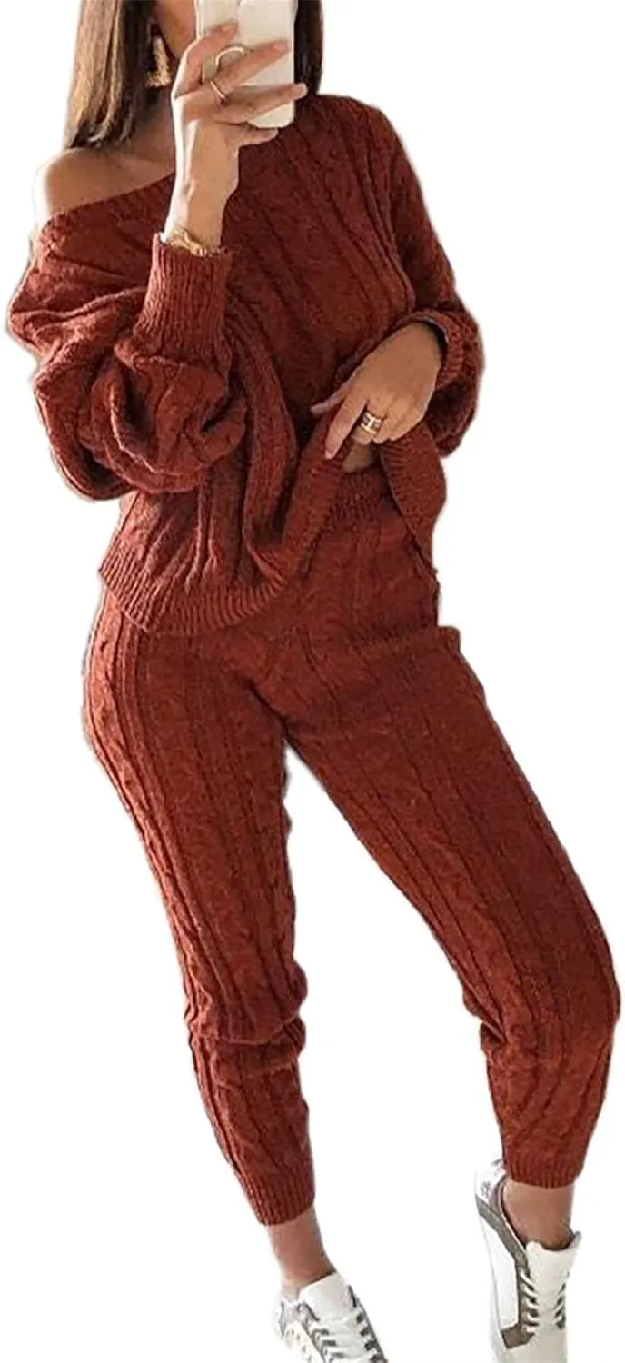 Lucuna Women's 2024 Fall Sweater Set 2 Piece Outfits Cable Knit Chunky Crew Neck Pullover Top Pants Loungewear