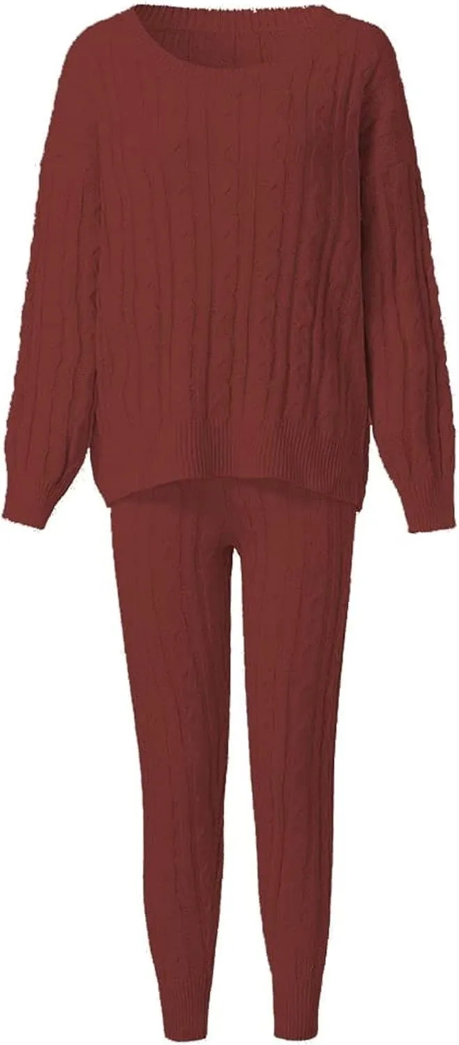 Lucuna Women's 2024 Fall Sweater Set 2 Piece Outfits Cable Knit Chunky Crew Neck Pullover Top Pants Loungewear