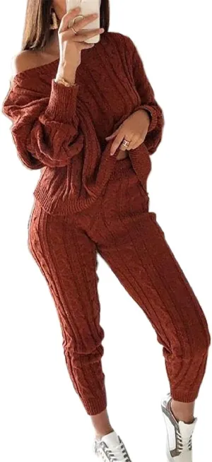 Lucuna Women's 2024 Fall Sweater Set 2 Piece Outfits Cable Knit Chunky Crew Neck Pullover Top Pants Loungewear
