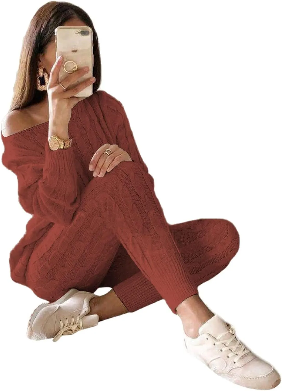 Lucuna Women's 2024 Fall Sweater Set 2 Piece Outfits Cable Knit Chunky Crew Neck Pullover Top Pants Loungewear