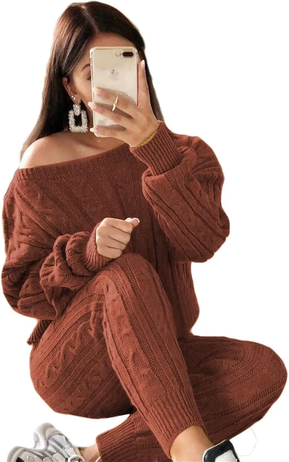 Lucuna Women's 2024 Fall Sweater Set 2 Piece Outfits Cable Knit Chunky Crew Neck Pullover Top Pants Loungewear