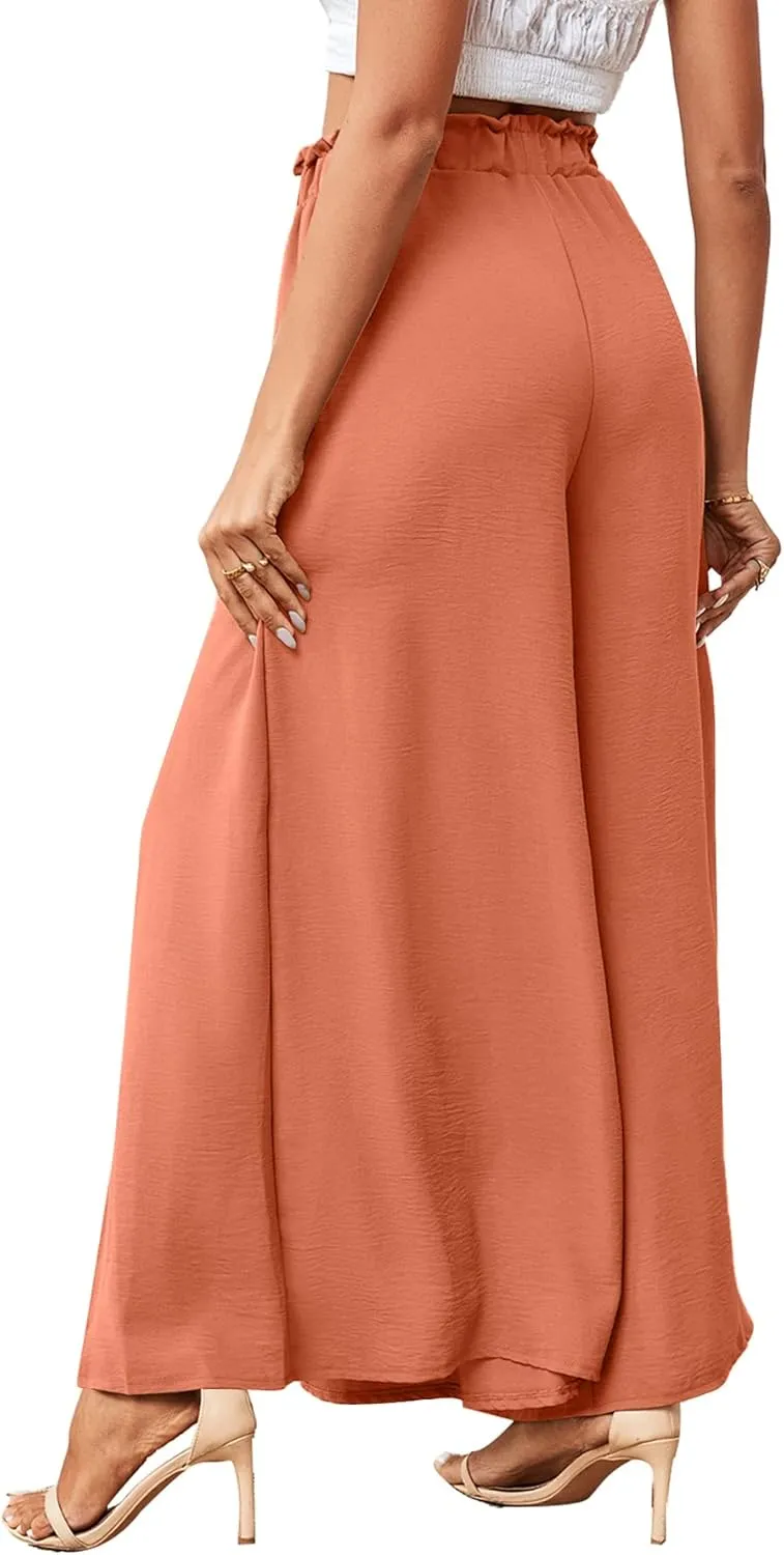 LYANER Women's Tie Front High Waist Side Split Slit Flowy Wide Leg Pleated Pant with Belt