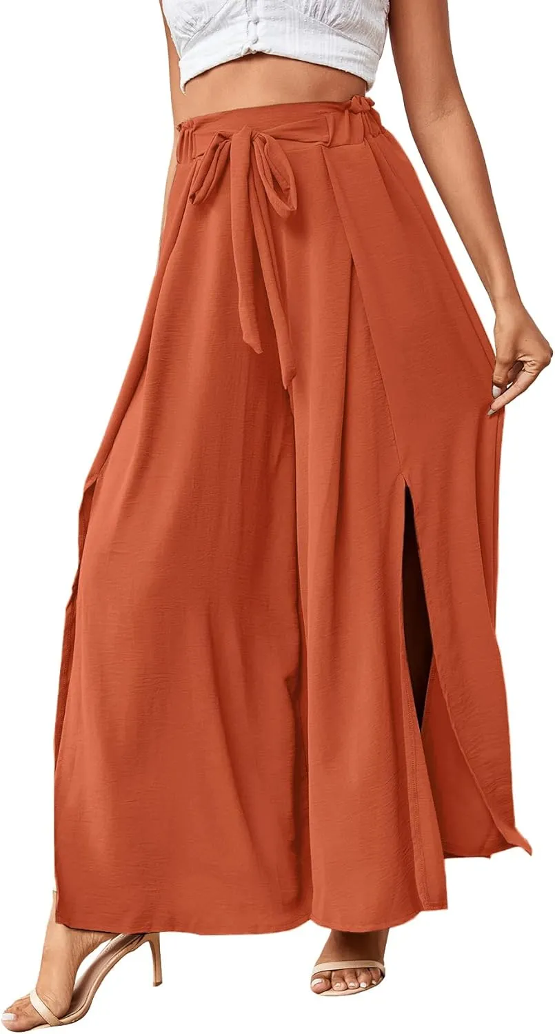 LYANER Women's Tie Front High Waist Side Split Slit Flowy Wide Leg Pleated Pant with Belt