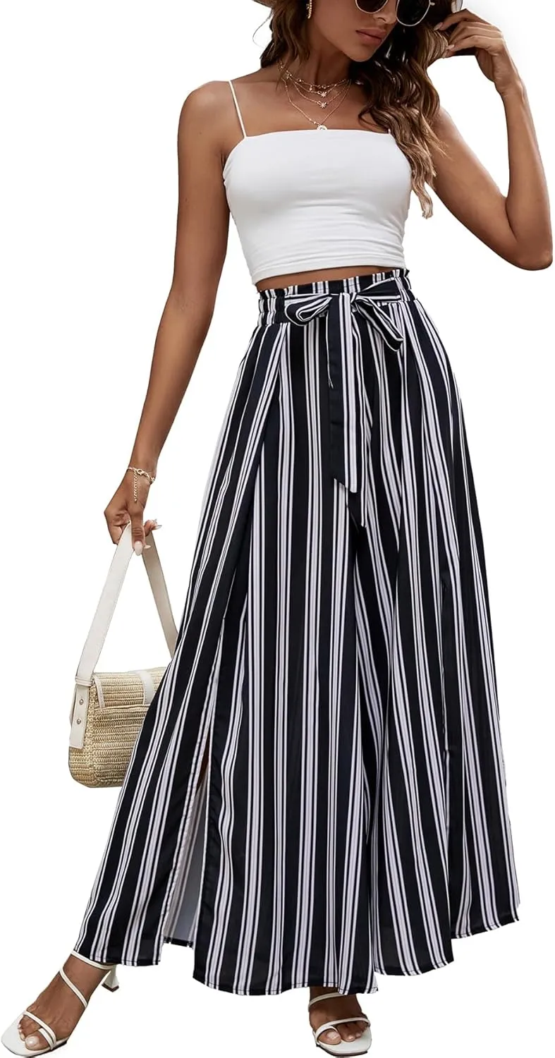 LYANER Women's Tie Front High Waist Side Split Slit Flowy Wide Leg Pleated Pant with Belt