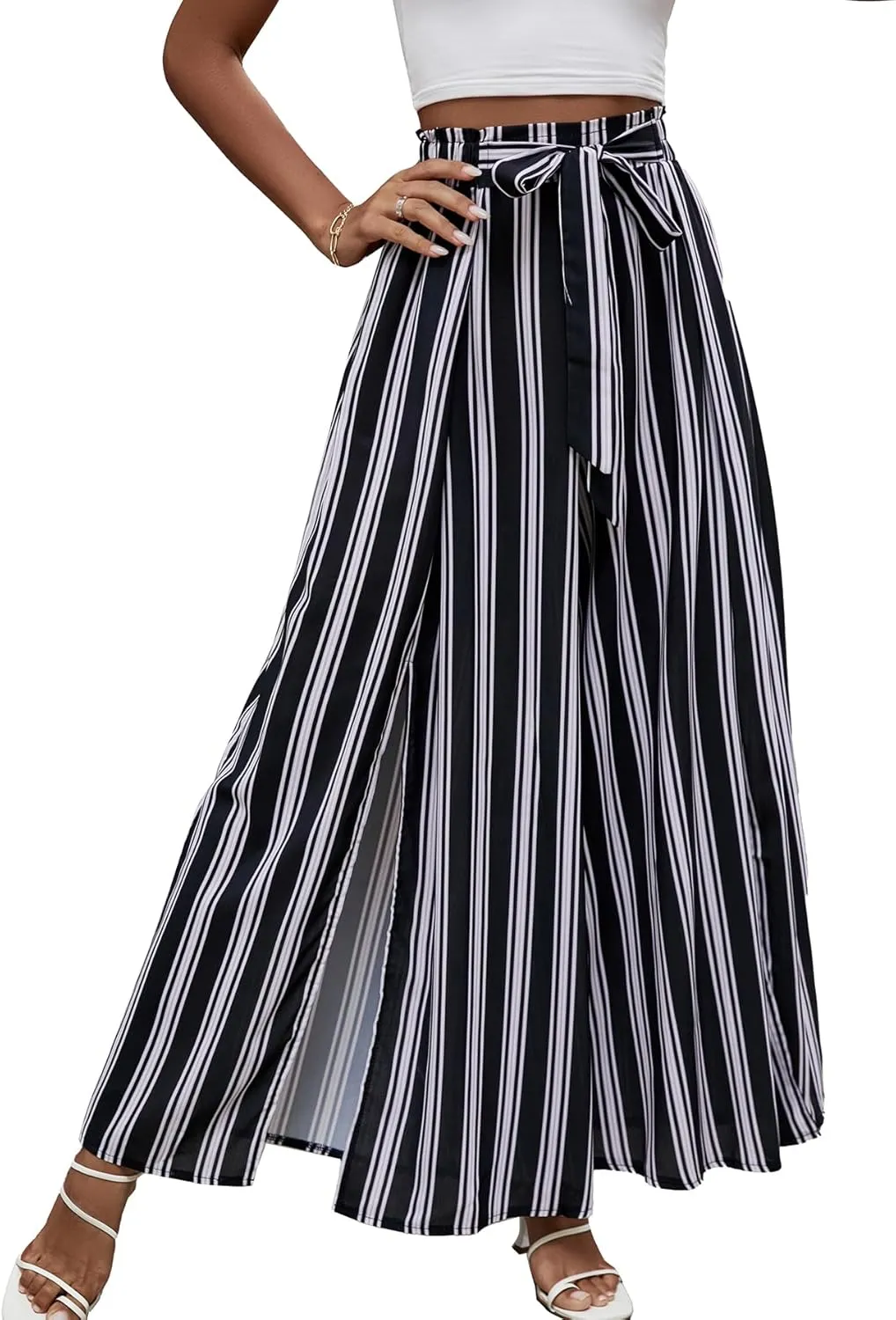 LYANER Women's Tie Front High Waist Side Split Slit Flowy Wide Leg Pleated Pant with Belt