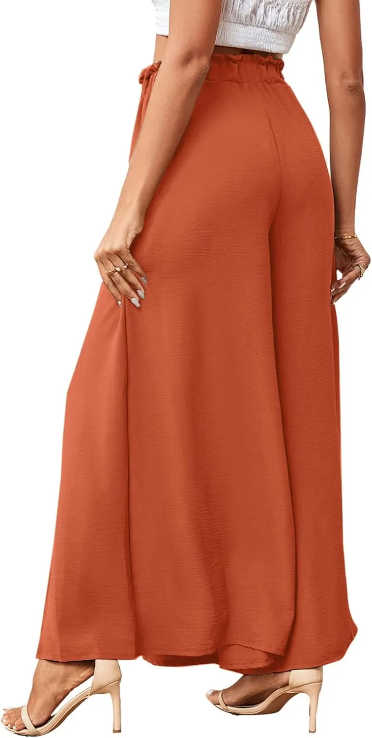 LYANER Women's Tie Front High Waist Side Split Slit Flowy Wide Leg Pleated Pant with Belt