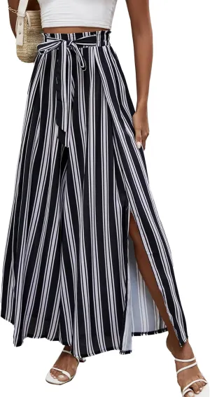 LYANER Women's Tie Front High Waist Side Split Slit Flowy Wide Leg Pleated Pant with Belt
