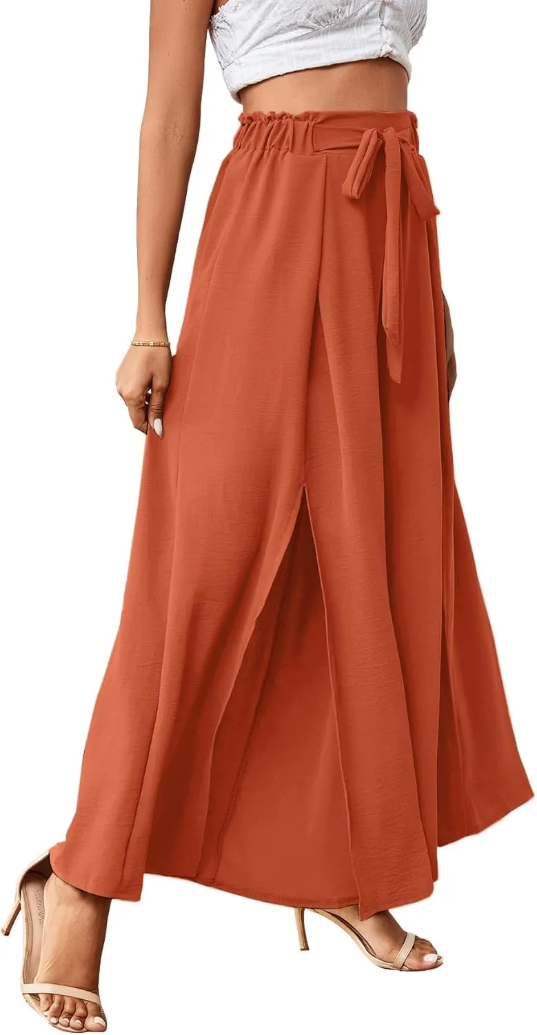 LYANER Women's Tie Front High Waist Side Split Slit Flowy Wide Leg Pleated Pant with Belt