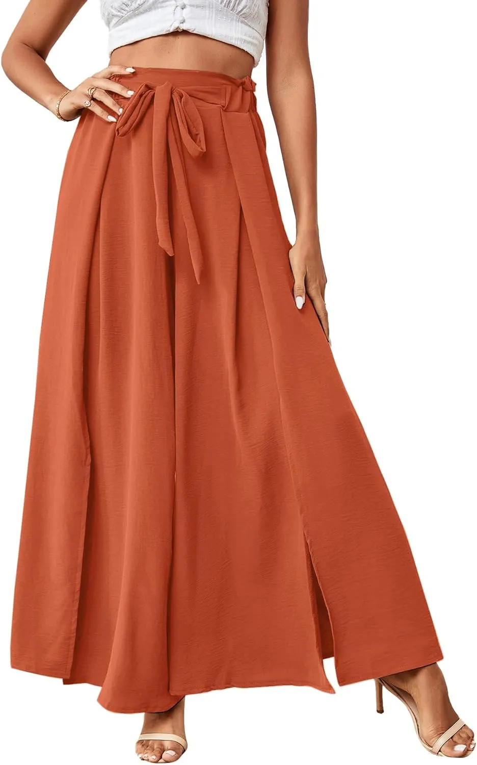 LYANER Women's Tie Front High Waist Side Split Slit Flowy Wide Leg Pleated Pant with Belt
