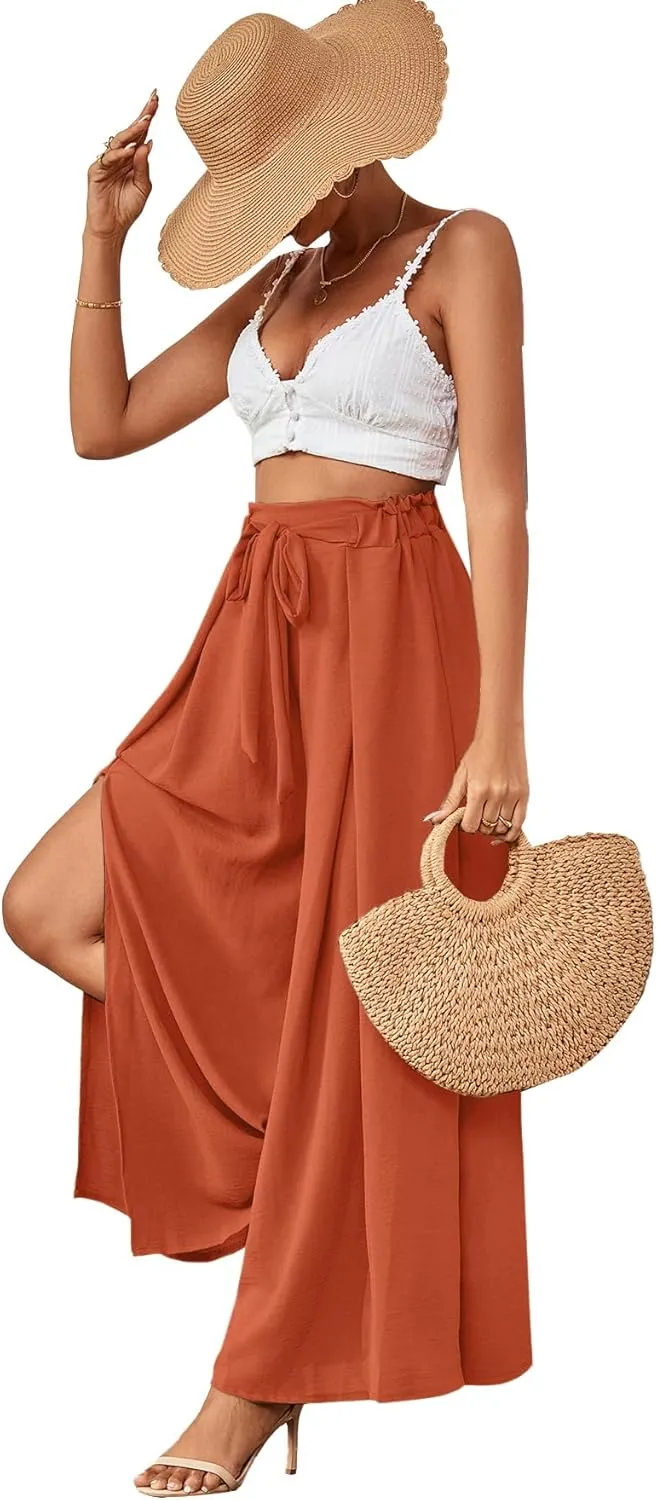 LYANER Women's Tie Front High Waist Side Split Slit Flowy Wide Leg Pleated Pant with Belt
