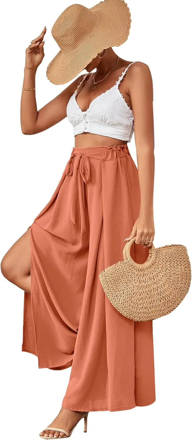 LYANER Women's Tie Front High Waist Side Split Slit Flowy Wide Leg Pleated Pant with Belt