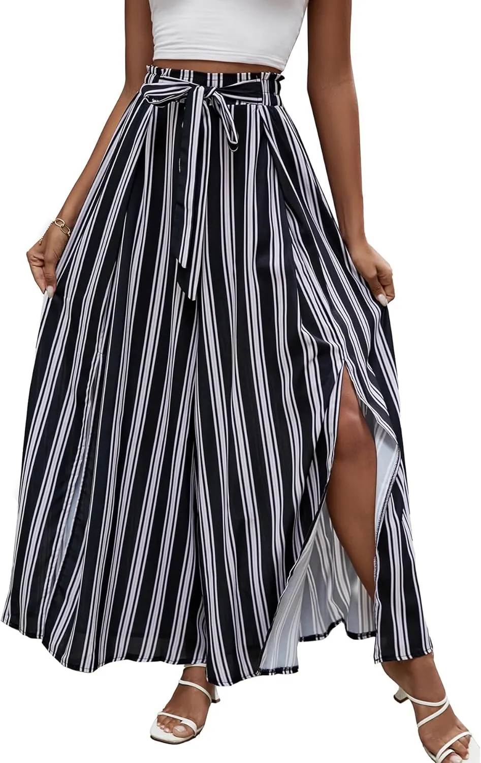 LYANER Women's Tie Front High Waist Side Split Slit Flowy Wide Leg Pleated Pant with Belt