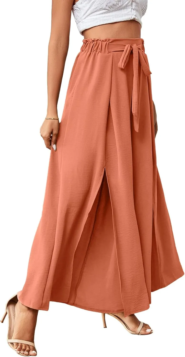 LYANER Women's Tie Front High Waist Side Split Slit Flowy Wide Leg Pleated Pant with Belt