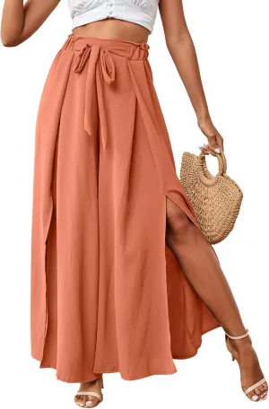 LYANER Women's Tie Front High Waist Side Split Slit Flowy Wide Leg Pleated Pant with Belt
