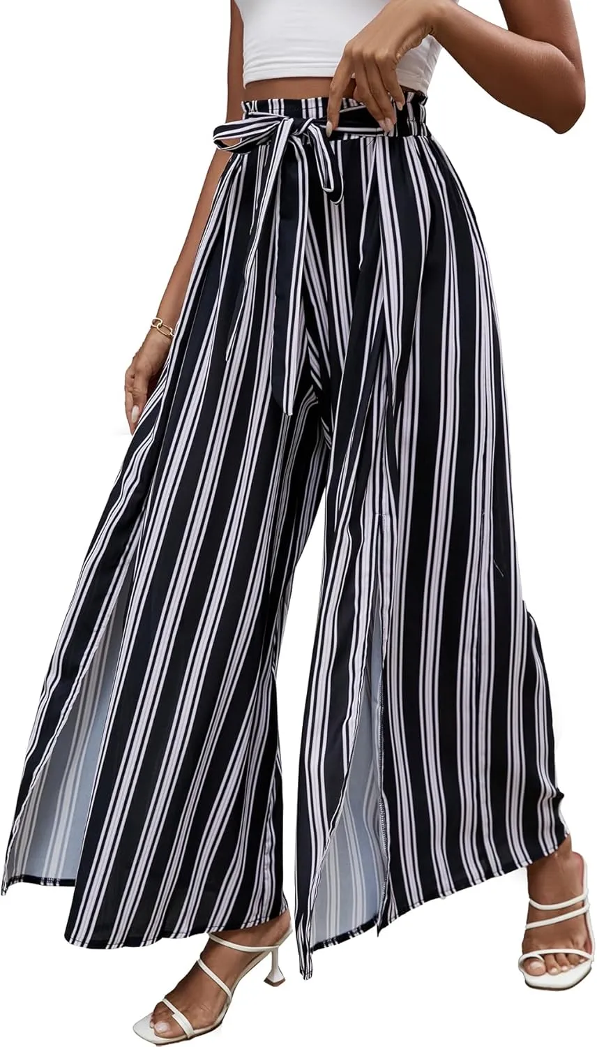 LYANER Women's Tie Front High Waist Side Split Slit Flowy Wide Leg Pleated Pant with Belt