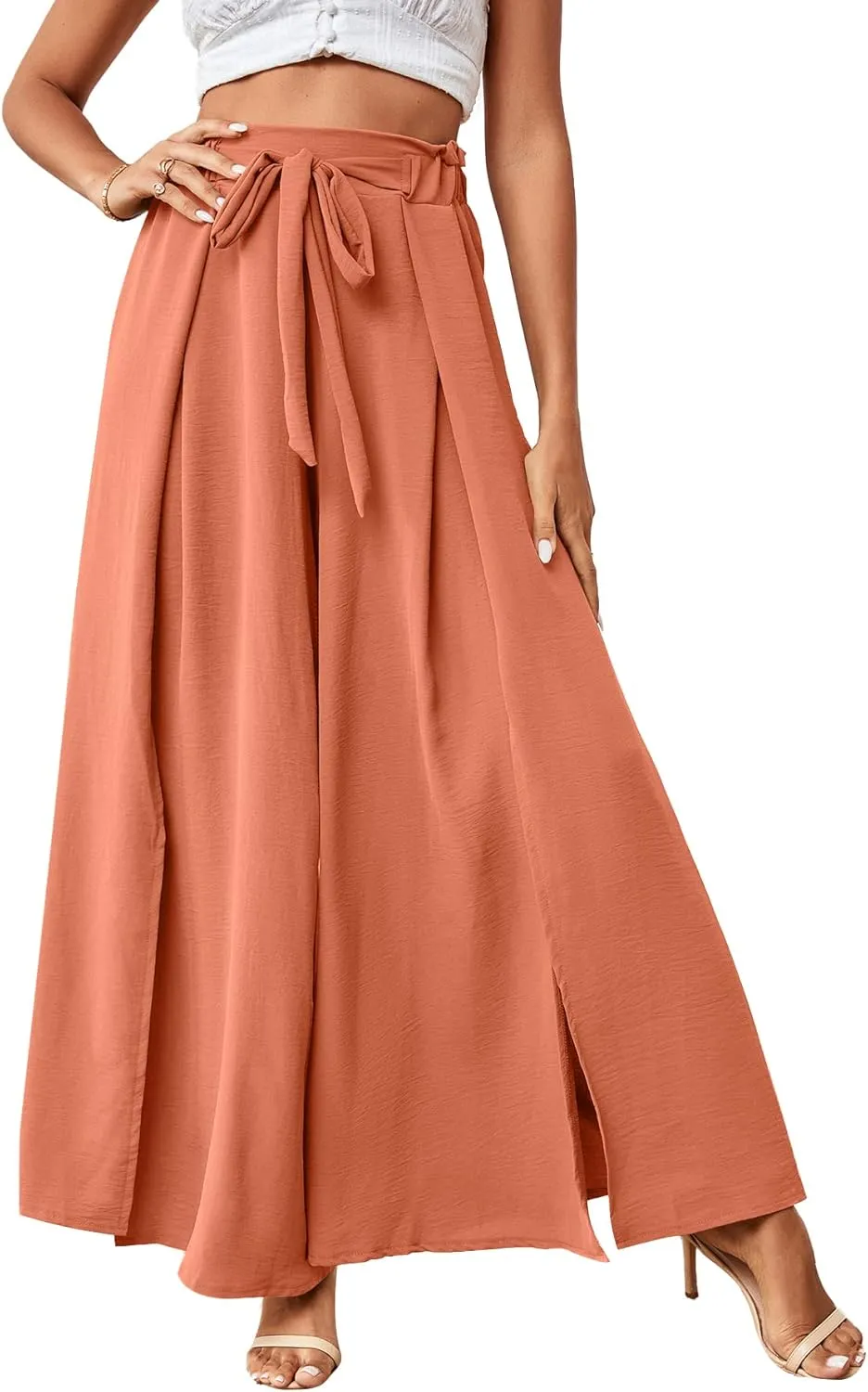 LYANER Women's Tie Front High Waist Side Split Slit Flowy Wide Leg Pleated Pant with Belt