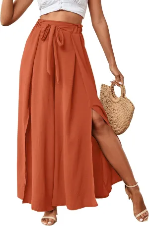 LYANER Women's Tie Front High Waist Side Split Slit Flowy Wide Leg Pleated Pant with Belt