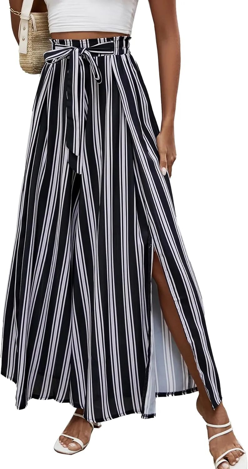 LYANER Women's Tie Front High Waist Side Split Slit Flowy Wide Leg Pleated Pant with Belt