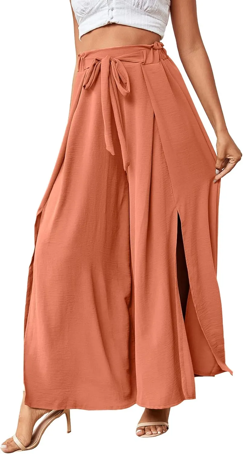 LYANER Women's Tie Front High Waist Side Split Slit Flowy Wide Leg Pleated Pant with Belt