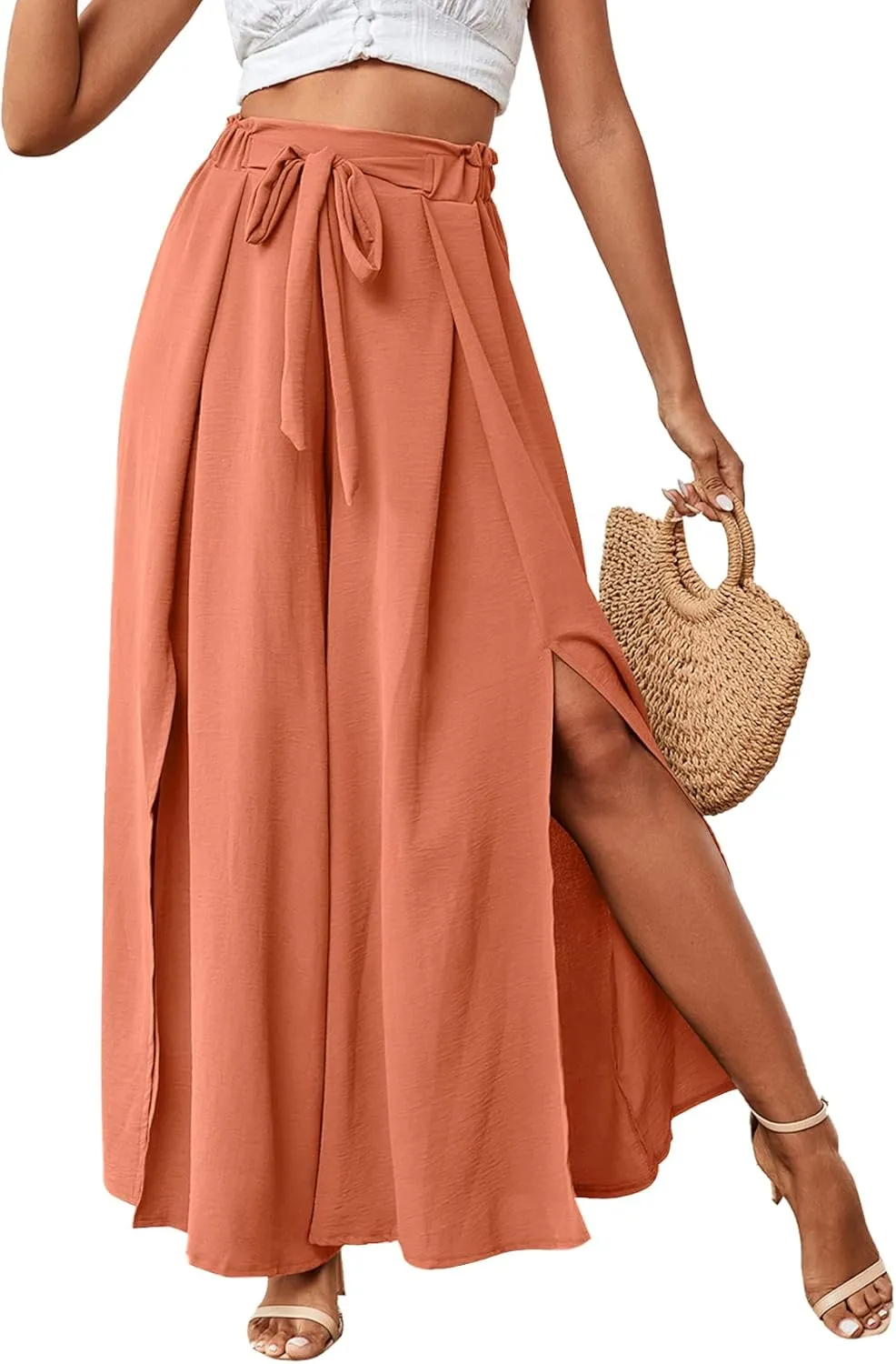 LYANER Women's Tie Front High Waist Side Split Slit Flowy Wide Leg Pleated Pant with Belt