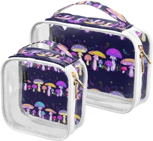Magic-mushrooms Texture 2 Pack Clear Toiletry Bag Women Men, Portable Waterproof Clear Pouch, Cosmetic Bag with Double Zippers Large Opening Traveling with Handle for Bathroom Traveling Vacation Organ