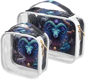 Magical-zodiac-circle-dark 2 Pack Clear Toiletry Bag Women Men, Portable Waterproof Clear Pouch, Cosmetic Bag with Double Zippers Large Opening Traveling with Handle for Bathroom Traveling Vacation Or