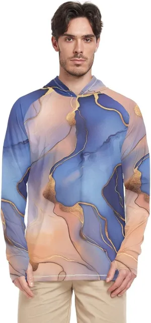 Marble Royal Blue Peach Mens Sun Protection Hoodie Long Sleeve UPF 50   Sun Shirt With Hood Quick-Dry UV Rash Guard Hooded Adult Rash Guards camisas para pesca de hombre