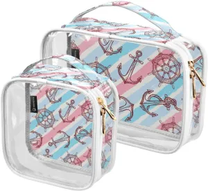 Maritimes-symbols 2 Pack Clear Toiletry Bag Women Men, Portable Waterproof Clear Pouch, Cosmetic Bag with Double Zippers Large Opening Traveling with Handle for Bathroom Traveling Vacation Organizing