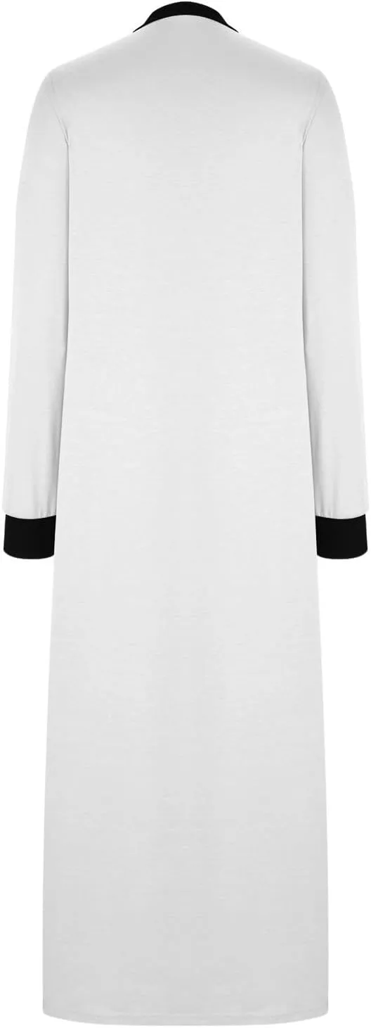 Maxi Dresses for Women Fall V-Neck Pleated Color Block Side Splits Dress Long Sleeve Comfy Flowy Long Pajama Dresses