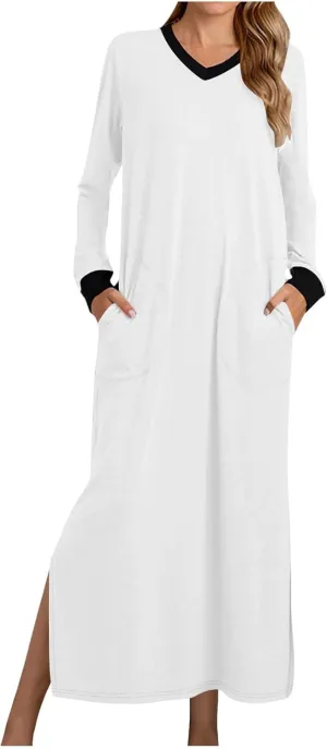 Maxi Dresses for Women Fall V-Neck Pleated Color Block Side Splits Dress Long Sleeve Comfy Flowy Long Pajama Dresses
