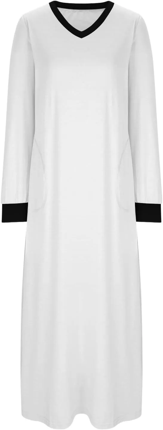 Maxi Dresses for Women Fall V-Neck Pleated Color Block Side Splits Dress Long Sleeve Comfy Flowy Long Pajama Dresses