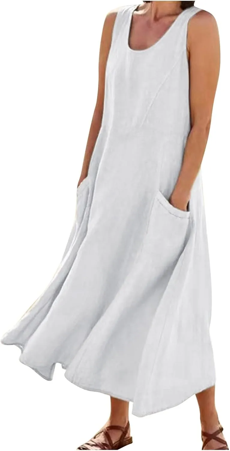Maxi Floral Dress for Women Plus Size Vacation Scoop Neck Beach Dress with Pockets Long Comfy Flowy Sleeveless Sundress