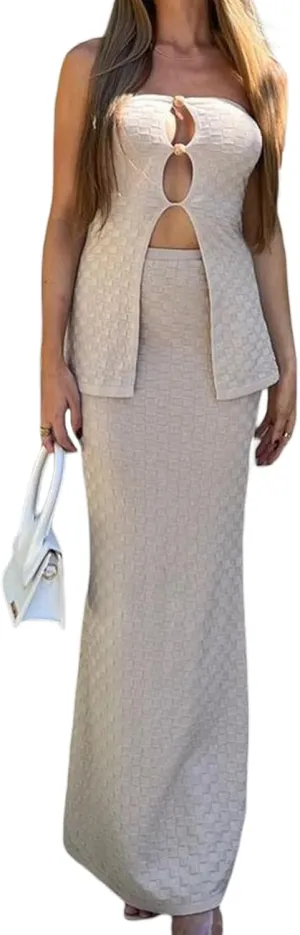 Maxi Skirt Sets Women 2 Piece Outfits Sexy Strapless Crop Tube Top Bodycon Long Skirts Y2K Skirt Set Beachwear
