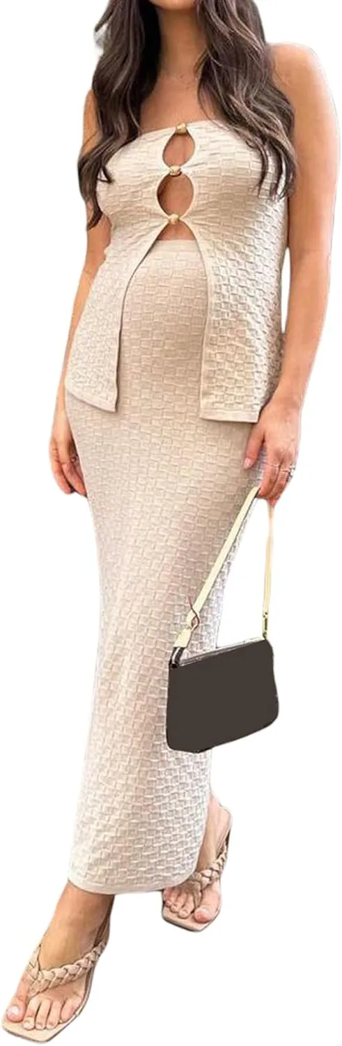 Maxi Skirt Sets Women 2 Piece Outfits Sexy Strapless Crop Tube Top Bodycon Long Skirts Y2K Skirt Set Beachwear