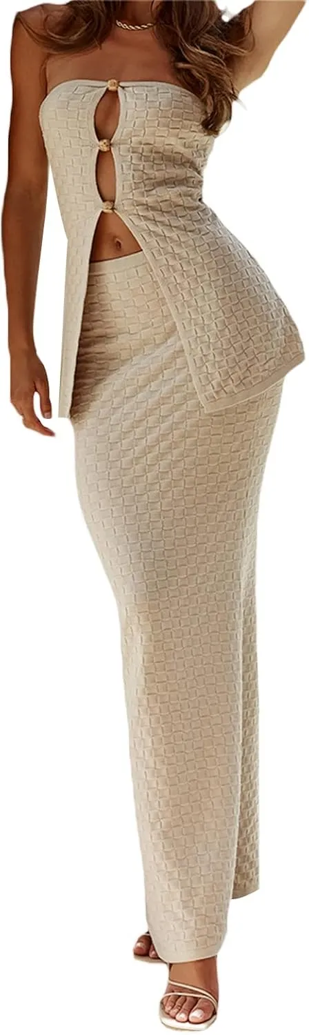 Maxi Skirt Sets Women 2 Piece Outfits Sexy Strapless Crop Tube Top Bodycon Long Skirts Y2K Skirt Set Beachwear