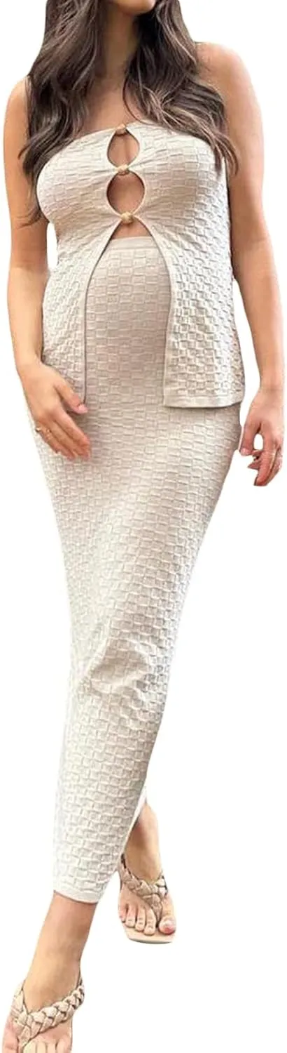 Maxi Skirt Sets Women 2 Piece Outfits Sexy Strapless Crop Tube Top Bodycon Long Skirts Y2K Skirt Set Beachwear