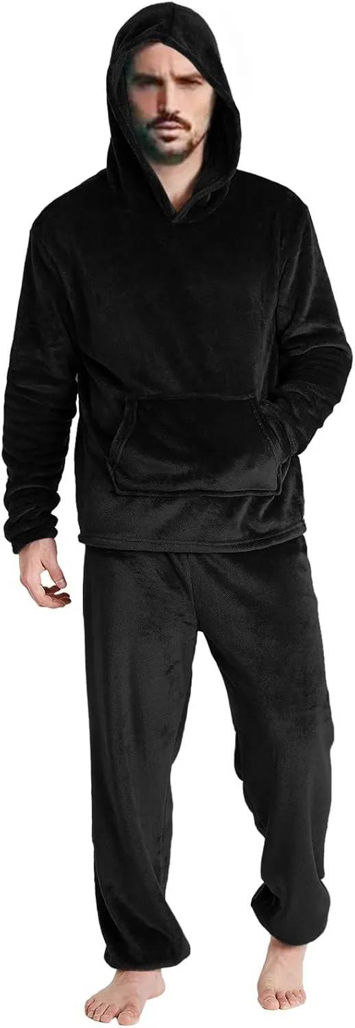 Men Pajama Set 2Pc Fleece Lounge Pants Hooded Long Sleeve Sleepwear Fuzzy Soft Pjs Set Loungewear with Pockets