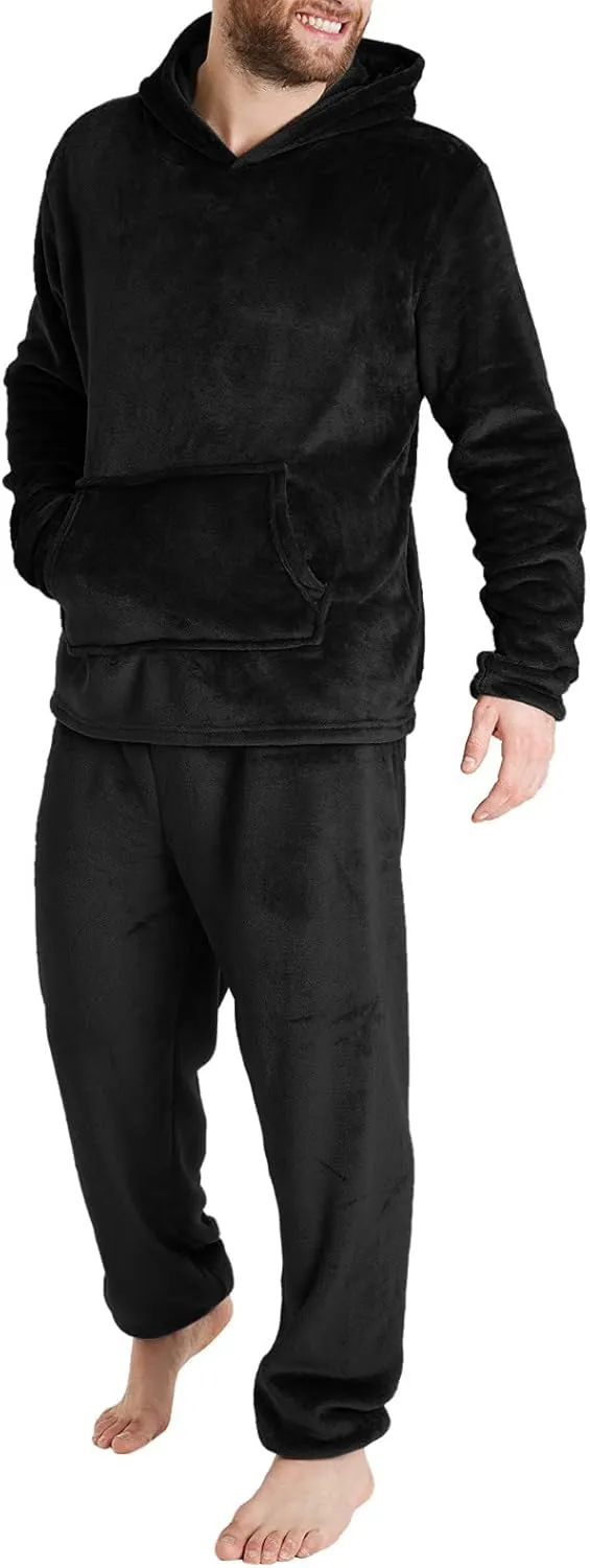 Men Pajama Set 2Pc Fleece Lounge Pants Hooded Long Sleeve Sleepwear Fuzzy Soft Pjs Set Loungewear with Pockets