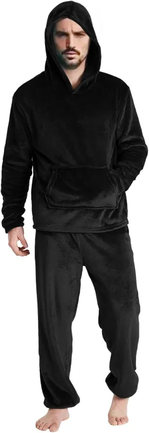 Men Pajama Set 2Pc Fleece Lounge Pants Hooded Long Sleeve Sleepwear Fuzzy Soft Pjs Set Loungewear with Pockets
