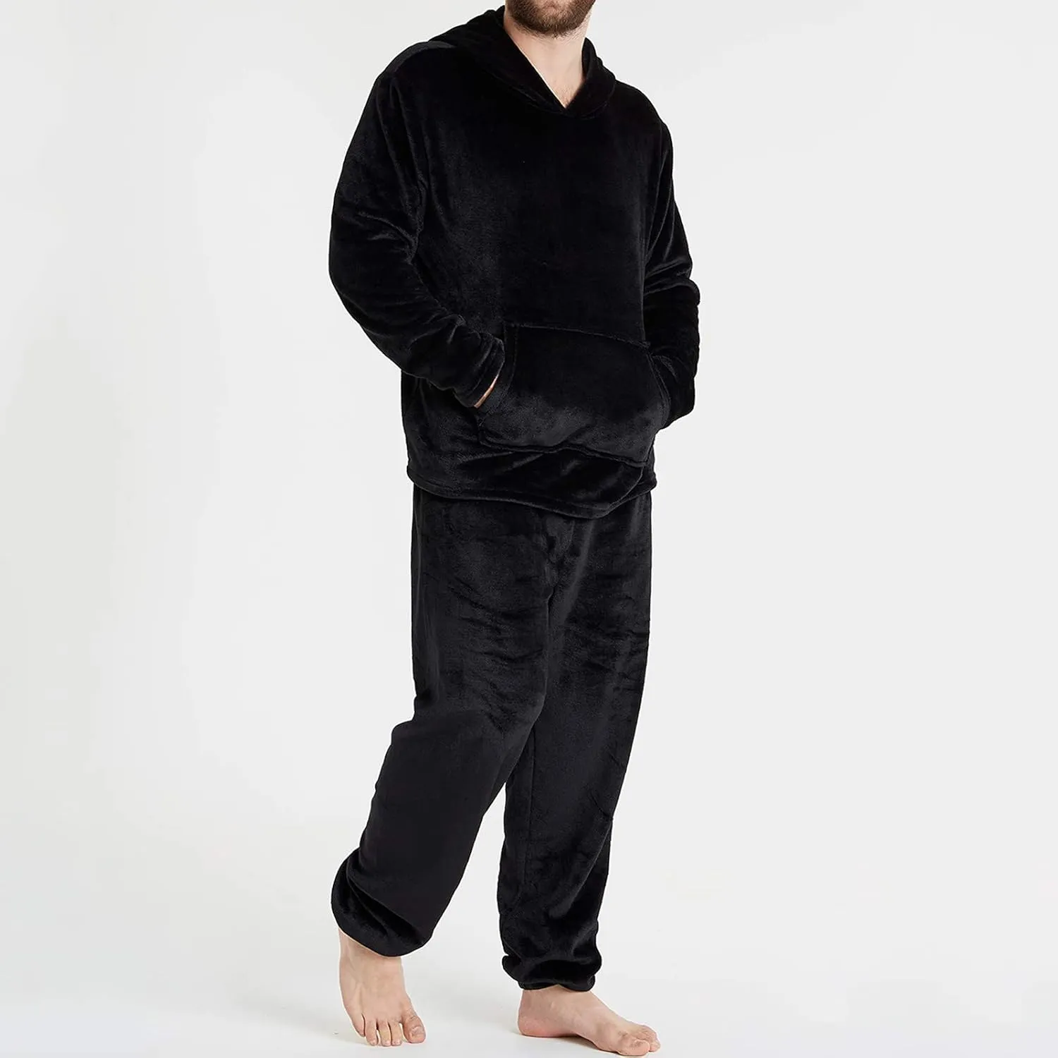 Men Pajama Set 2Pc Fleece Lounge Pants Hooded Long Sleeve Sleepwear Fuzzy Soft Pjs Set Loungewear with Pockets