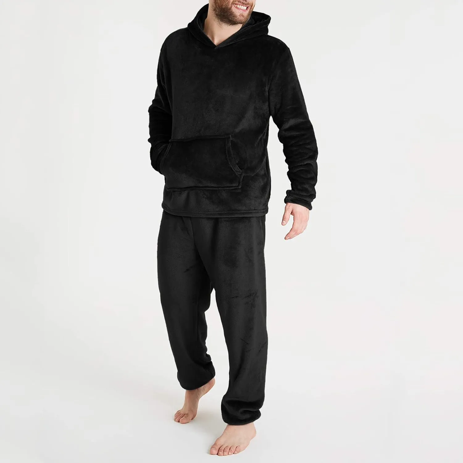 Men Pajama Set 2Pc Fleece Lounge Pants Hooded Long Sleeve Sleepwear Fuzzy Soft Pjs Set Loungewear with Pockets