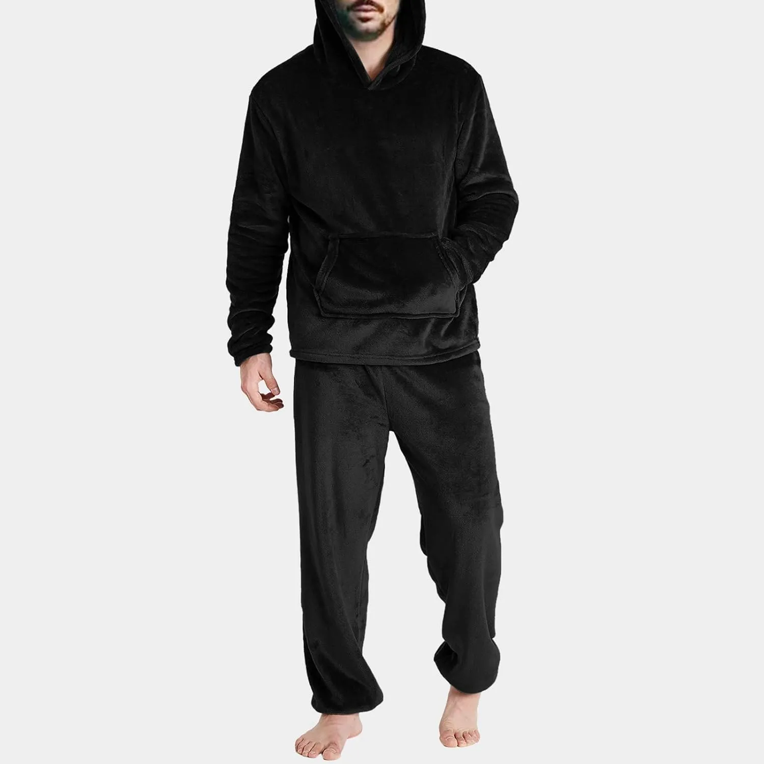 Men Pajama Set 2Pc Fleece Lounge Pants Hooded Long Sleeve Sleepwear Fuzzy Soft Pjs Set Loungewear with Pockets