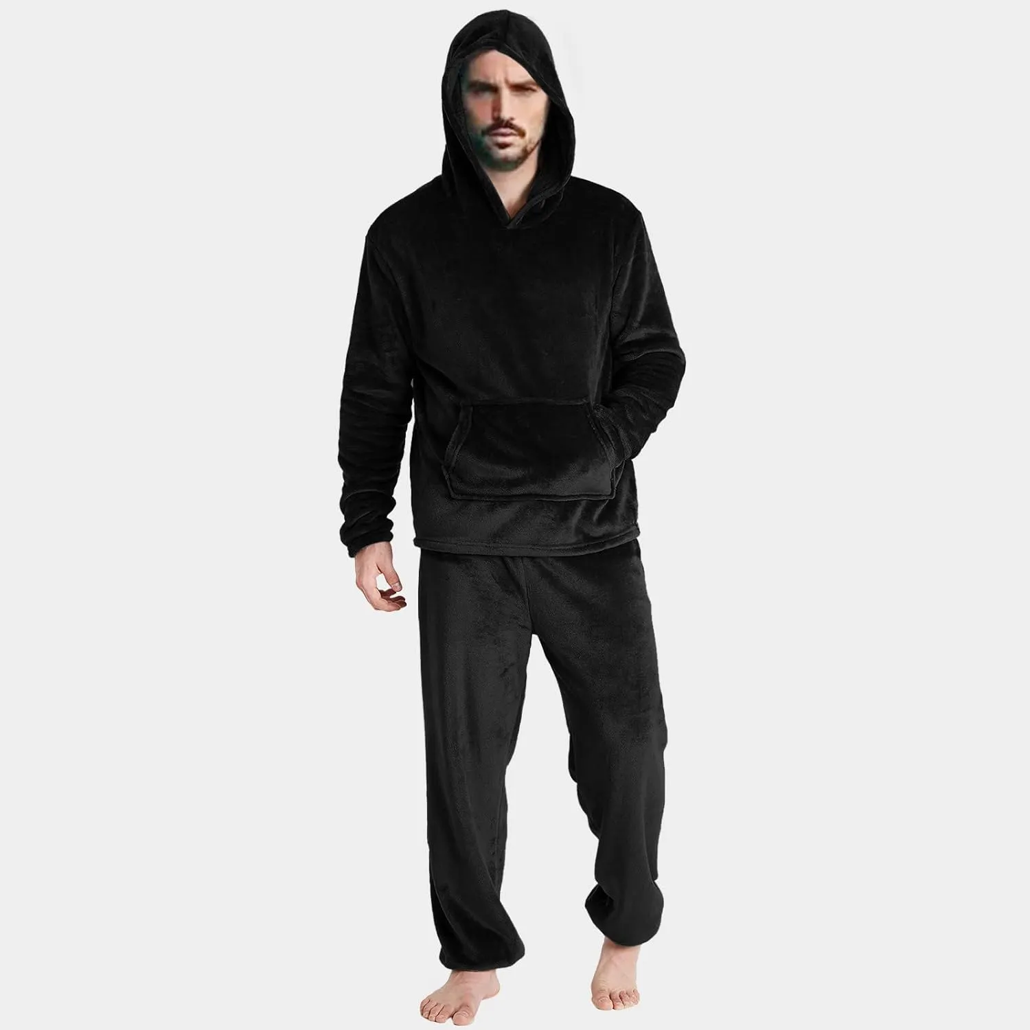 Men Pajama Set 2Pc Fleece Lounge Pants Hooded Long Sleeve Sleepwear Fuzzy Soft Pjs Set Loungewear with Pockets