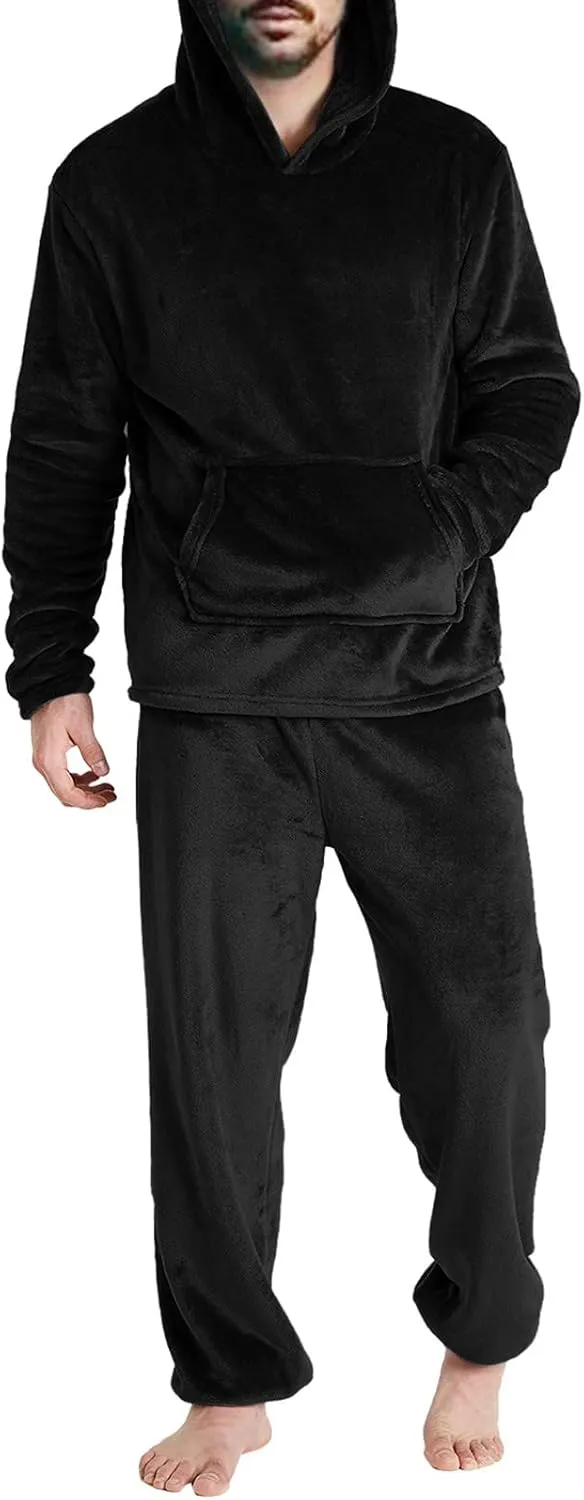 Men Pajama Set 2Pc Fleece Lounge Pants Hooded Long Sleeve Sleepwear Fuzzy Soft Pjs Set Loungewear with Pockets