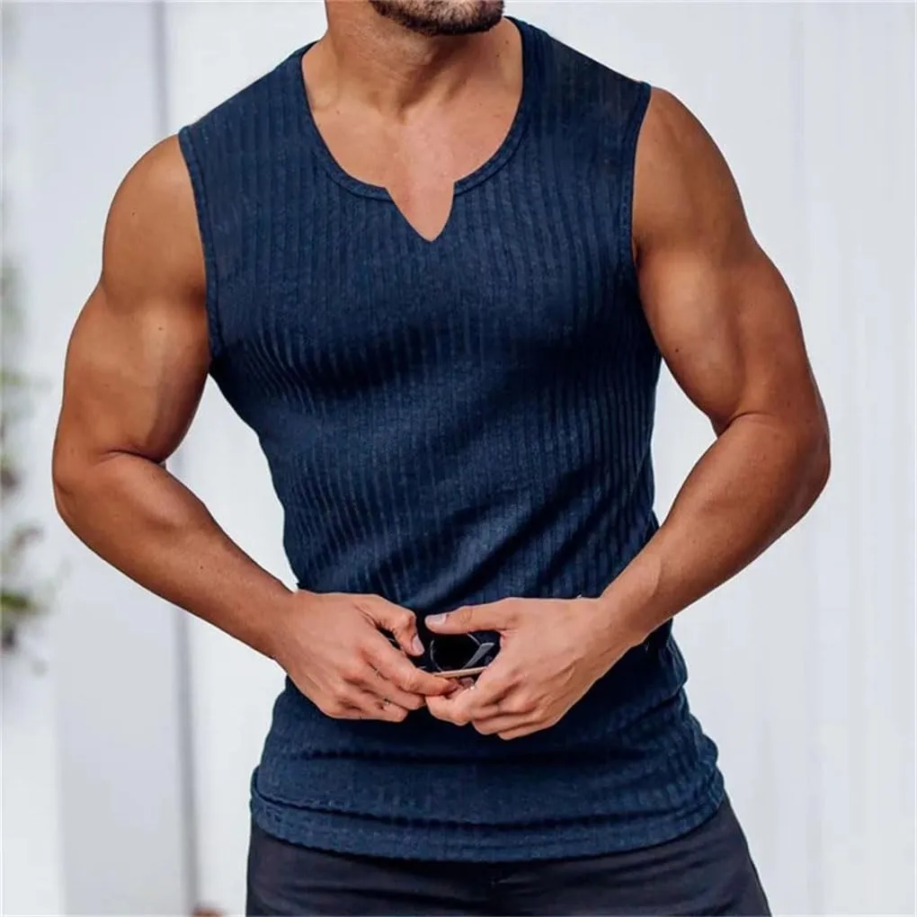 Men V-Neck Vest Stripe Gym Tank Top Men Fitness Sleeveless Shirt